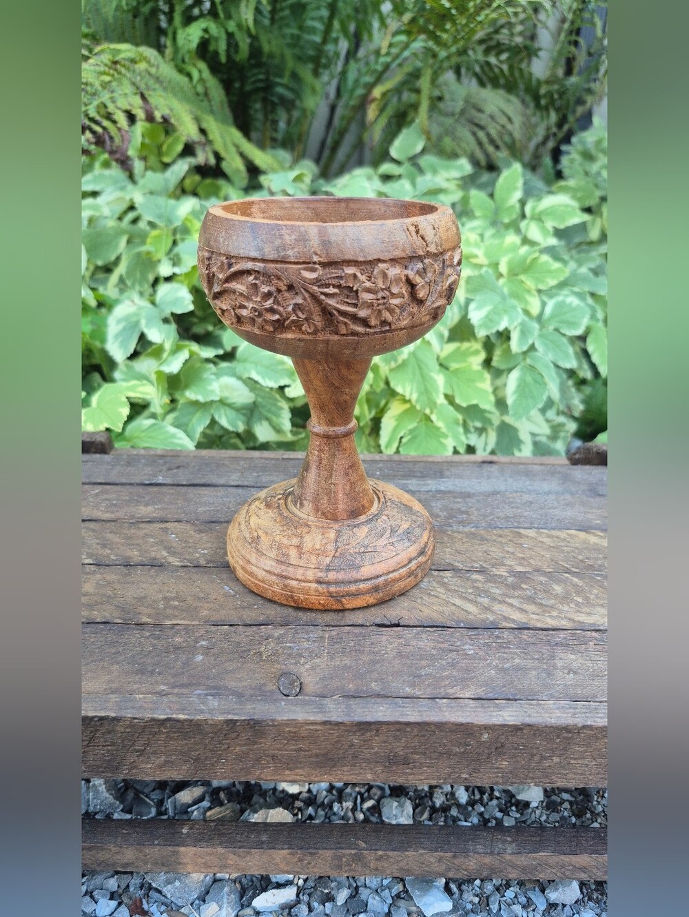 Vintage Hand Carved Wooden Pillar Candle Holder Stand | Rustic Boho Floral